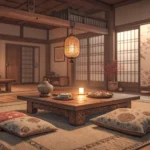 Illustration of a warm, cozy Korean room looking out a window at gentle rain, symbolizing the contra...
