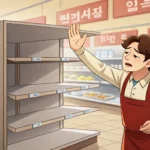Shopper asking a Korean store clerk about an empty shelf marked with a sale tag, representing asking...