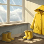 Illustration of a child's yellow raincoat and boots by a window showing a rainy day in a Korean neig...