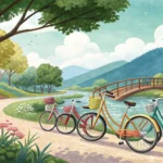 Illustration of colorful rental bicycles parked by a scenic Korean river, representing the topic of...