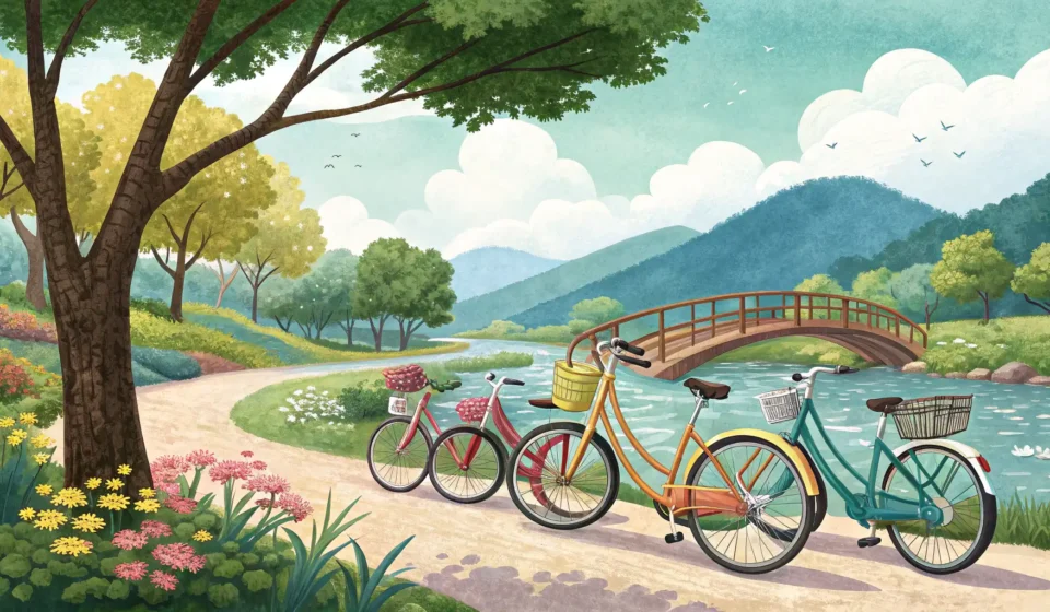 Illustration of colorful rental bicycles parked by a scenic Korean river, representing the topic of...