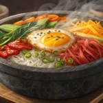 Close-up of a Korean bibimbap bowl overflowing with fresh green herbs, symbolizing a request for ext...