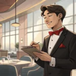 Illustration of a smiling Korean waiter holding a notepad, representing communication and handling c...
