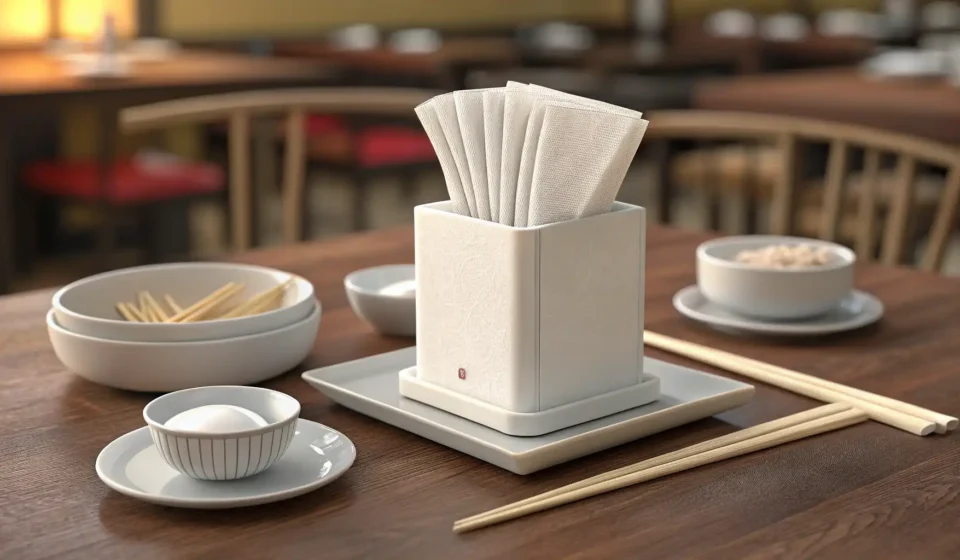 A Korean restaurant table setting comparing a thin paper napkin from a dispenser to a thicker cloth...