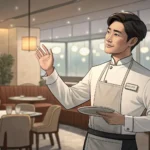 Illustration of a polite Korean waiter in a restaurant gesturing apologetically, indicating unavaila...