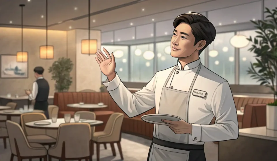 Illustration of a polite Korean waiter in a restaurant gesturing apologetically, indicating unavaila...