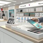 A hand placing a boxed electronic product and a Korean receipt on a store counter, symbolizing the p...