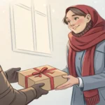 A customer at a Korean store counter politely returning an unwanted gift item to a store clerk.