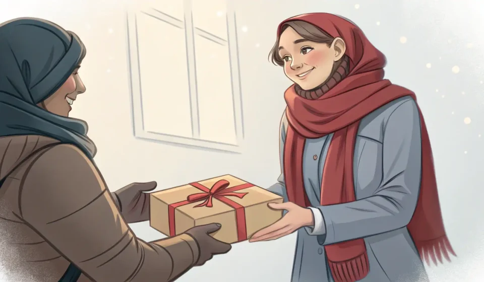 A customer at a Korean store counter politely returning an unwanted gift item to a store clerk.