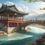 Illustration of fish swimming freely under a traditional Korean bridge over a river, symbolizing a K...