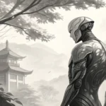 Abstract Korean ink wash style illustration symbolizing discussion between artificial beings about h...