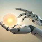 Stylized illustration symbolizing learning Korean vocabulary for futuristic concepts, showing a robo...