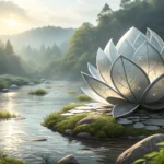 A metallic lotus flower symbolizing technology sits beside a natural vine and Korean lantern, repres...