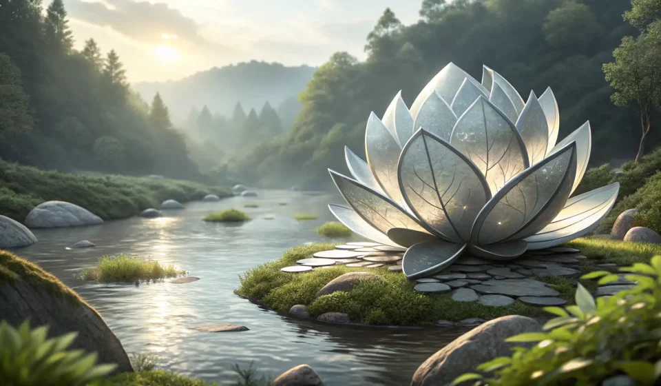 A metallic lotus flower symbolizing technology sits beside a natural vine and Korean lantern, repres...
