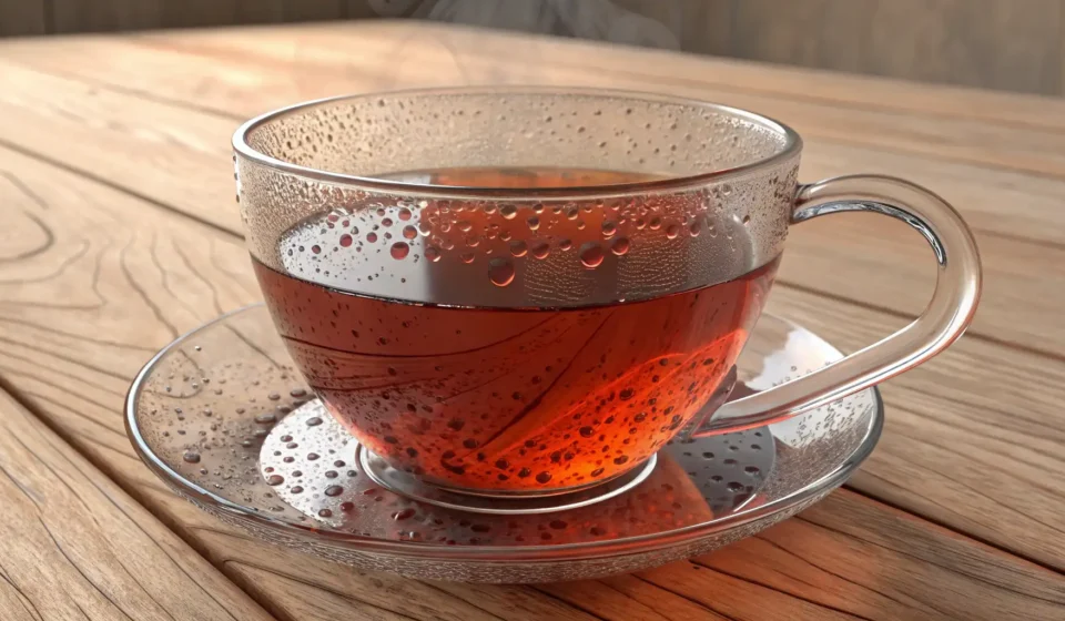 A steaming glass cup of red Rooibos tea sits on a wooden table in a modern Korean cafe setting, illu...