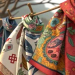 Detailed view of various colorful handmade Korean scarves with traditional patterns displayed at a m...