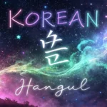 Abstract image featuring glowing Korean Hangul characters floating within a colorful cosmic nebula,...