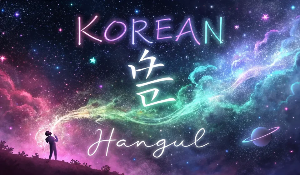 Abstract image featuring glowing Korean Hangul characters floating within a colorful cosmic nebula,...