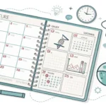 Illustration of an open planner with science icons, framed by a Korean pattern, symbolizing a studen...