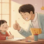 Illustration of a Korean parent praising a child for finishing homework, hinting at screen time rewa...