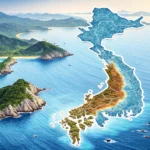 Stylized map of the Korean peninsula highlighting the surrounding blue seas, symbolizing the topic o...