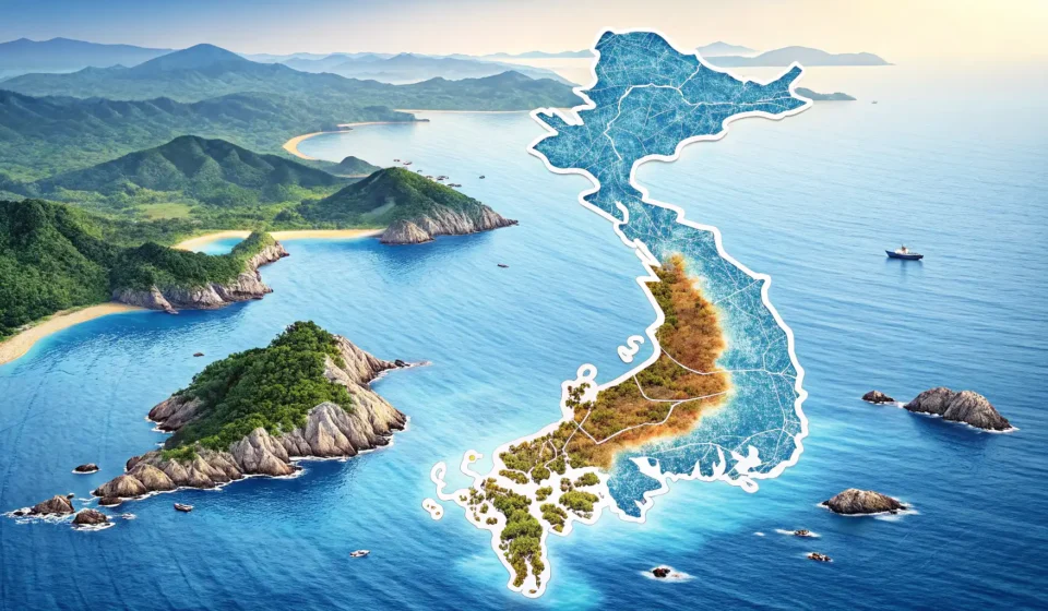 Stylized map of the Korean peninsula highlighting the surrounding blue seas, symbolizing the topic o...
