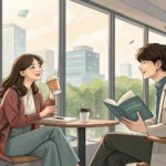 Two young Korean friends laughing together while looking at a smartphone screen in a Seoul cafe, con...