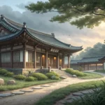 Illustration of a traditional Korean Seowon (Confucian academy) building in a peaceful natural setti...