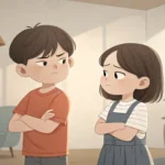 Two young Korean siblings reaching for the same board game box, looking annoyed, illustrating a comm...