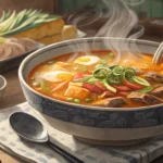 Cartoon illustration for a Korean learning topic, showing a steaming bowl of Korean breakfast soup w...