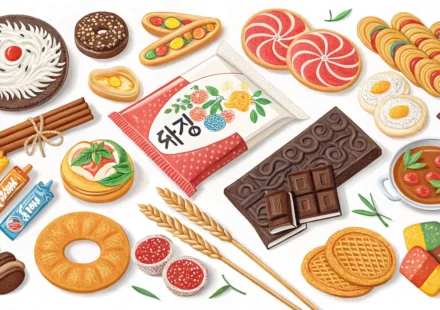 Illustration of various popular Korean snacks spread out, symbolizing choices for a Korean language...