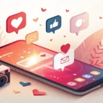 Stylized graphic of a smartphone with social media icons against a modern Korean cityscape backdrop,...