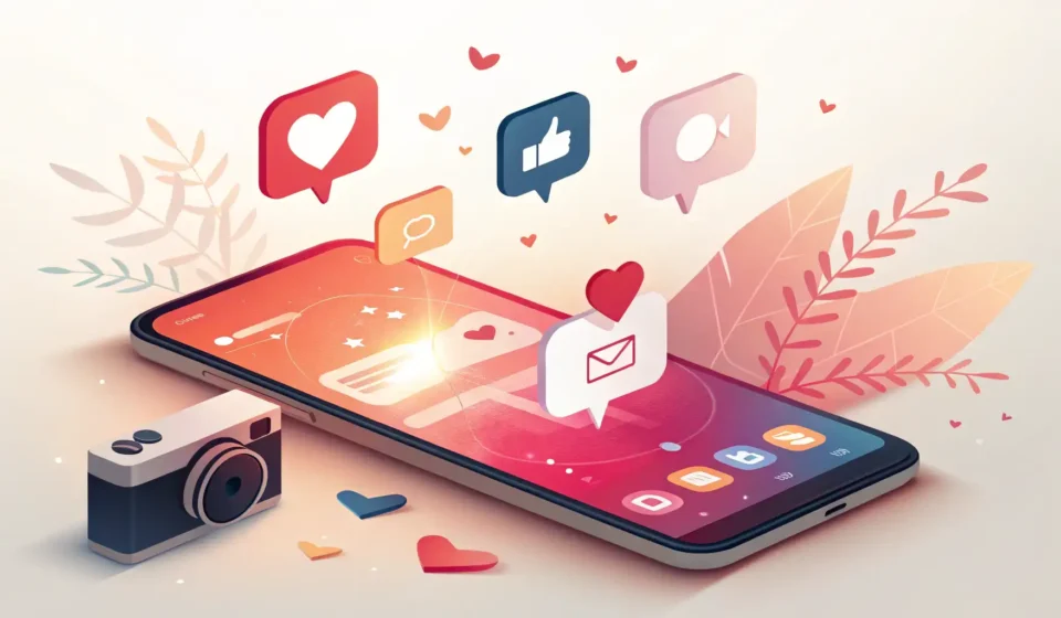 Stylized graphic of a smartphone with social media icons against a modern Korean cityscape backdrop,...
