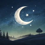 Stylized crescent moon against starry sky with subtle Korean Hangul characters and pickaxe silhouett...