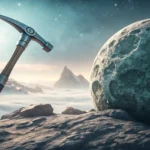 Stylized image featuring a futuristic pickaxe resting on a moon rock, with the silhouette of a Korea...