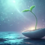A glowing seedling sprouts in a pod orbiting Earth against a swirling space nebula, symbolizing grow...