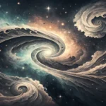 Abstract Korean ink brush strokes forming cosmic swirls and glowing particles, symbolizing learning...