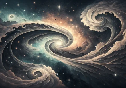 Abstract Korean ink brush strokes forming cosmic swirls and glowing particles, symbolizing learning...