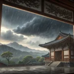 View through a traditional Korean window showing a fierce storm outside with rain and dark clouds, c...
