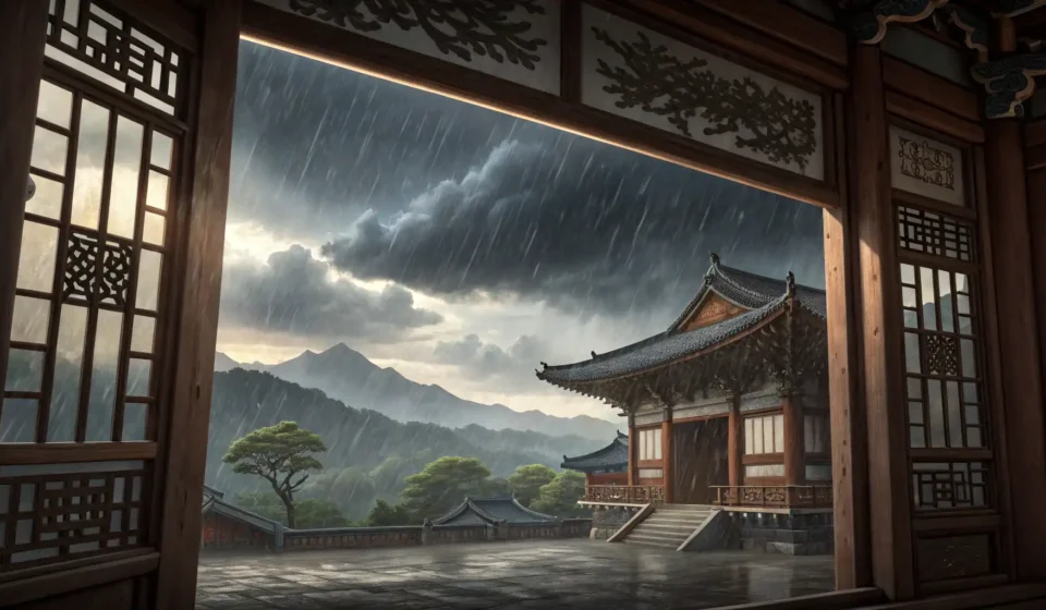 View through a traditional Korean window showing a fierce storm outside with rain and dark clouds, c...