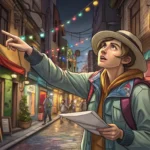 Illustration of a tourist asking a local for directions to a hidden street art alley in a Korean cit...