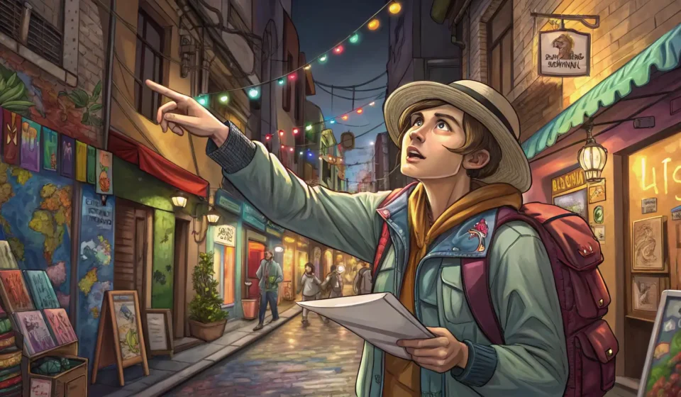 Illustration of a tourist asking a local for directions to a hidden street art alley in a Korean cit...