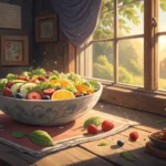 A fresh salad bowl on a restaurant table near a window overlooking a warm Korean evening scene, symb...