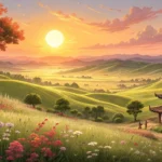 Illustration of a park ranger pointing out a sunrise viewing spot over vast plains to a camper, symb...