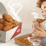Split image comparing two popular Korean takeout meals, Korean fried chicken and Tteokbokki, represe...