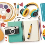 Various items representing different hobbies like painting, music, reading, photography, and gaming,...