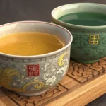 Two traditional Korean teacups containing different types of tea rest on a wooden surface, symbolizi...