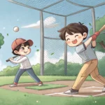 Two Korean friends at a batting cage; one laughs heartily as the other makes a comically bad basebal...
