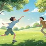 Anime-style illustration of two Korean friends in a park; one looks sheepish after a bad frisbee thr...