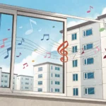 Graphic illustration showing musical notes and sound waves bursting from a Korean apartment window,...
